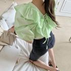 Frilled Lace-up Crop Blouse Yellow Green - One Size