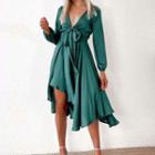 Long-sleeve V-neck Asymmetrical A-line Dress