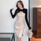 Long-sleeve Cutout Two-tone Mini Sheath Dress