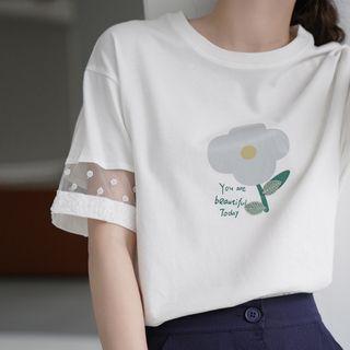 Flower Print Mesh Panel Elbow-sleeve T-shirt