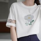 Flower Print Mesh Panel Elbow-sleeve T-shirt