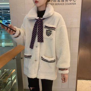 Collared Single-breasted Fleece Jacket With Tie - White - One Size