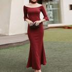 Cut Out Front Elbow Sleeve Mermaid Maxi Dress