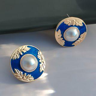 Faux Pearl Leaf Alloy Disc Earring