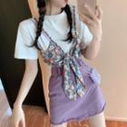 Mock Two-piece Short-sleeve Floral T-shirt / High-waist Plain Skirt