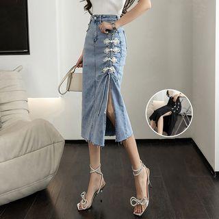 Rhinestone Drawstring Side-slit Denim Midi Pencil Skirt