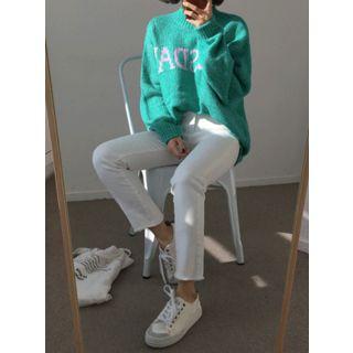 Mock-neck Lettering Colored Sweater