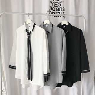 Striped Cuff 3/4-sleeve Shirt With Tie