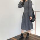 Button-back Floral Print A-line Midi Dress Navy Blue - One Size