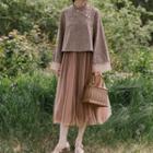 Set: Long-sleeve Lace-trim Top + Midi A-line Mesh Skirt