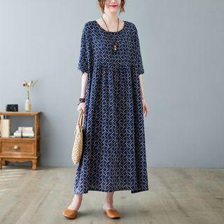 Elbow-sleeve Print Midi Dress Navy Blue - One Size