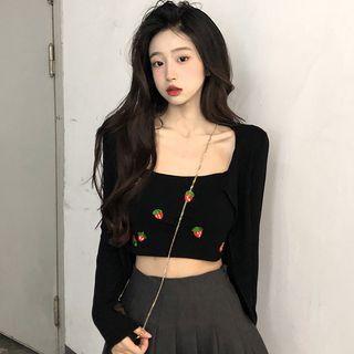 Strawberry Embroidered Cropped Camisole Top / Long-sleeve Cardigan