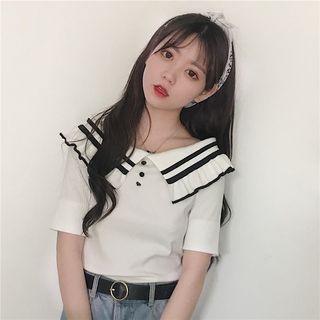 Striped Collar Short-sleeve Knit Top