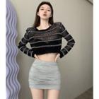 Open-knit Loose Crop Top / High-waist Ruched Mini Pencil Skirt