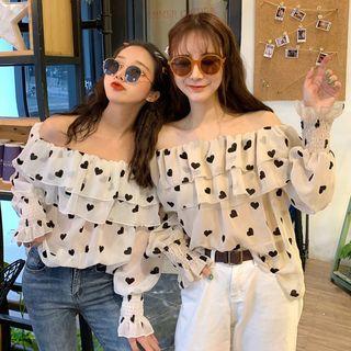Off-shoulder Bell-sleeve Heart Pattern Top