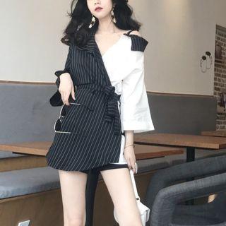 Mock Two-piece 3/4-sleeve Striped Panel Mini Dress
