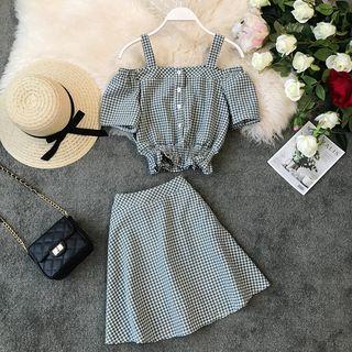 Set: Plaid Cold-shoulder Top + Plaid Mini A-line Skirt