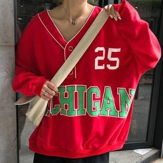 Buttoned Placket Printed Letter Sweatshirt