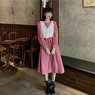 Crochet Lace Vest / Long-sleeve Midi Shift Dress