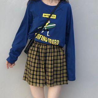 Long-sleeve Print T-shirt / Plaid Shorts