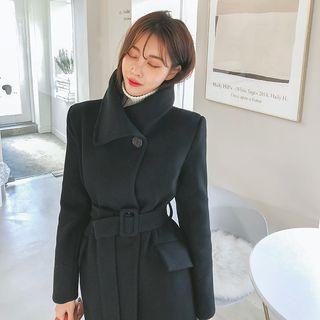 Wool Blend Wide-collar Coat With Belt