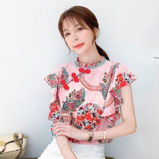 Cap-sleeve Mandarin Collar Printed Blouse
