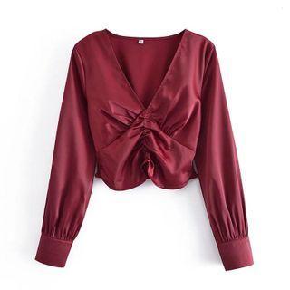 Long-sleeve V-neck Knotted Satin Crop Top