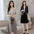 Set: V-neck Single-breasted Knit Cardigan + A-line Skirt