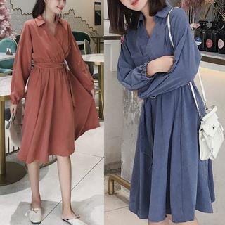 Long-sleeve Collared Wrapped A-line Dress