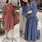 Long-sleeve Collared Wrapped A-line Dress