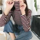 Long-sleeve Turtleneck Striped T-shirt As Shown In Figure - One Size