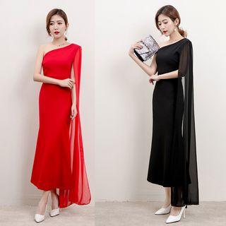 Sheer Panel Single Shoulder Evening Gown