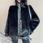 Plain Turtle-neck Loose-fit Faux Fur Long-sleeve Zip Jacket
