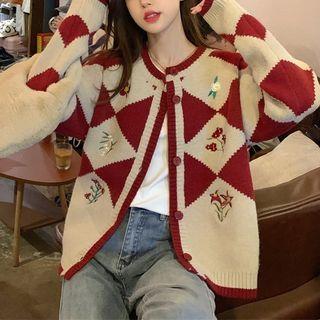 Argyle Flower Embroidered Cardigan