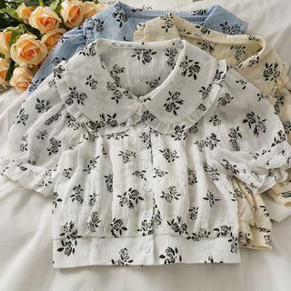 Peter Pan-collar Ruffle-trim Printed Crop Shirt