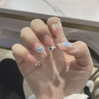 Faux Pearl / Print Faux Nail Tips 108 - Blue & Off-white - One Size