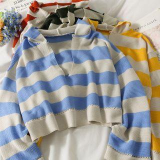 Striped Hooded Loose Knit Top In 6 Colors