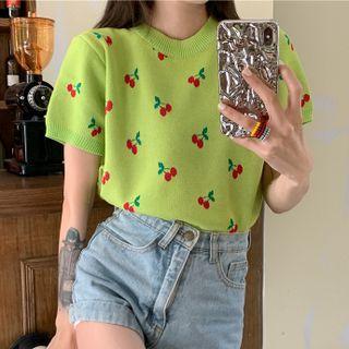 Short-sleeve Round Neck Cherry Print Knit Top Green - One Size