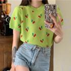 Short-sleeve Round Neck Cherry Print Knit Top Green - One Size
