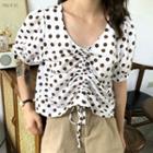 Dotted Drawstring Puff-sleeve Blouse