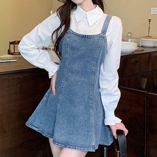 Long-sleeve Mock Two-piece Denim Mini Collared Dress