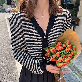 Puff-sleeve V-neck Striped Cardigan