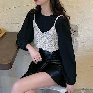 Pointelle Knit Cropped Camisole Top / Balloon-sleeve Blouse