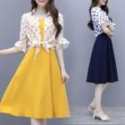 Set: Spaghetti Strap Buttoned A-line Dress + Elbow-sleeve Polka Dot Shirt