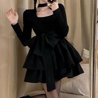 Long-sleeve Square-neck Bow Tiered Mini A-line Dress