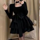 Long-sleeve Square-neck Bow Tiered Mini A-line Dress