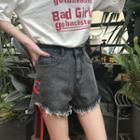 Lace-up Fringed Denim Shorts