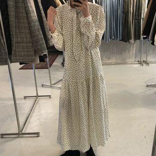 Long-sleeve Doted Midi Dress