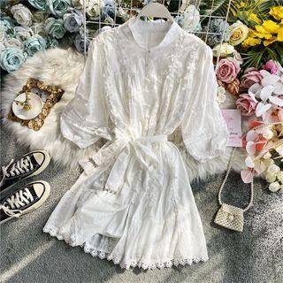 Lace-detail Elbow-sleeve Tie-waist Dress White - One Size