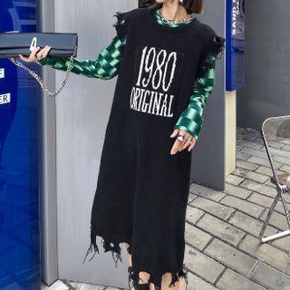 Sleeveless Lettering Fray Trim Midi Sweater Dress Black - One Size